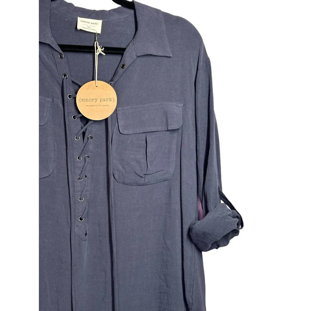 Emory Park New With Tags Roll Tab Sleeve Lace Up Blouse Linen Tunic Gray Size S